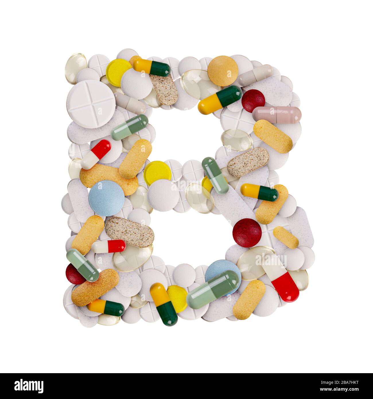 Capital letter B made of various colorful pills, capsules and tablets on isolated white background Stock Photo