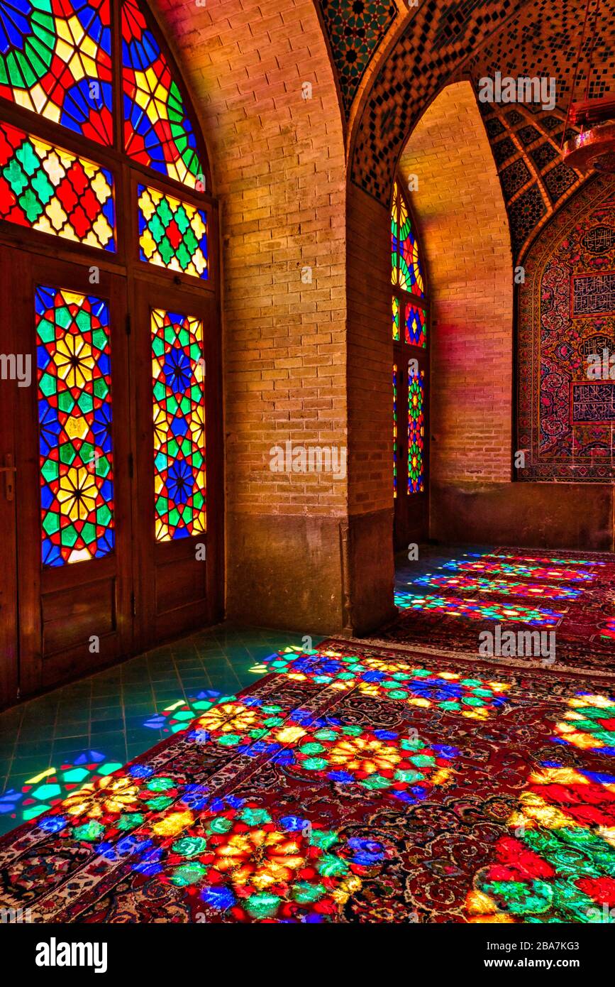 Stained glass windows in Nasirolmolk Mosque or Pink Mosque in Shiraz