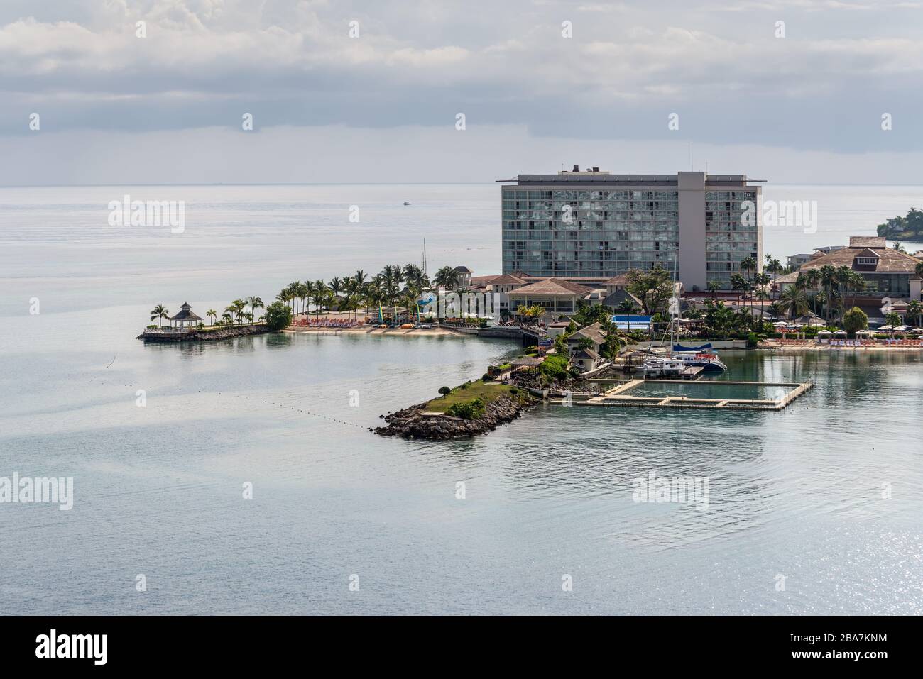 Ocho Rios, Jamaica - April 22, 2019: Coastline view with Dolphin Cove Moon Palace, in the tropical Caribbean island of Ocho Rios, Jamaica. Stock Photo