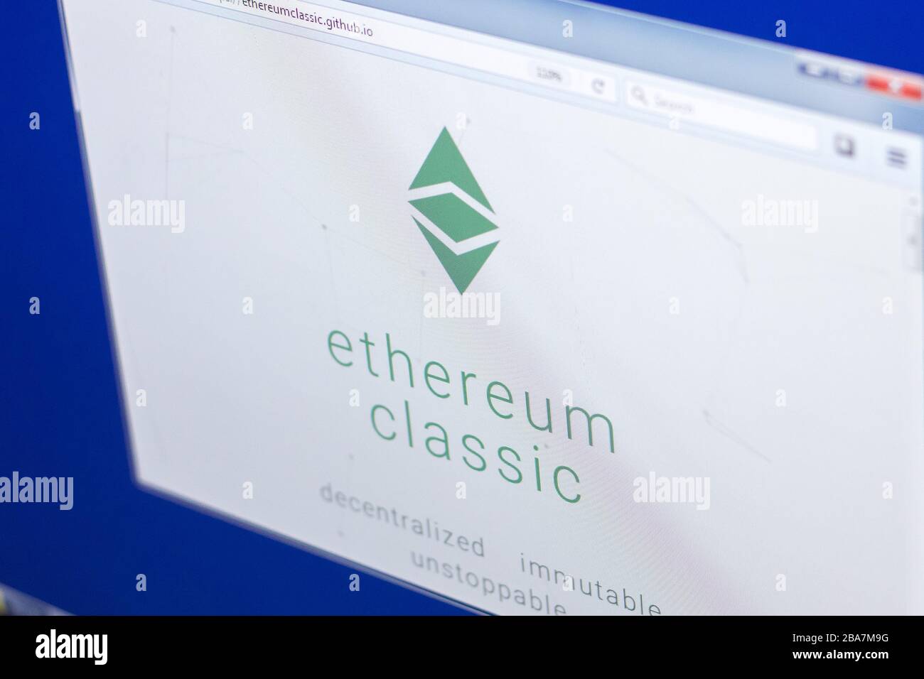 Ryazan, Russia - March 29, 2018 - Homepage of Ethereum Classic cryptocurrency on PC display, web adress - ethereumclassic.org Stock Photo