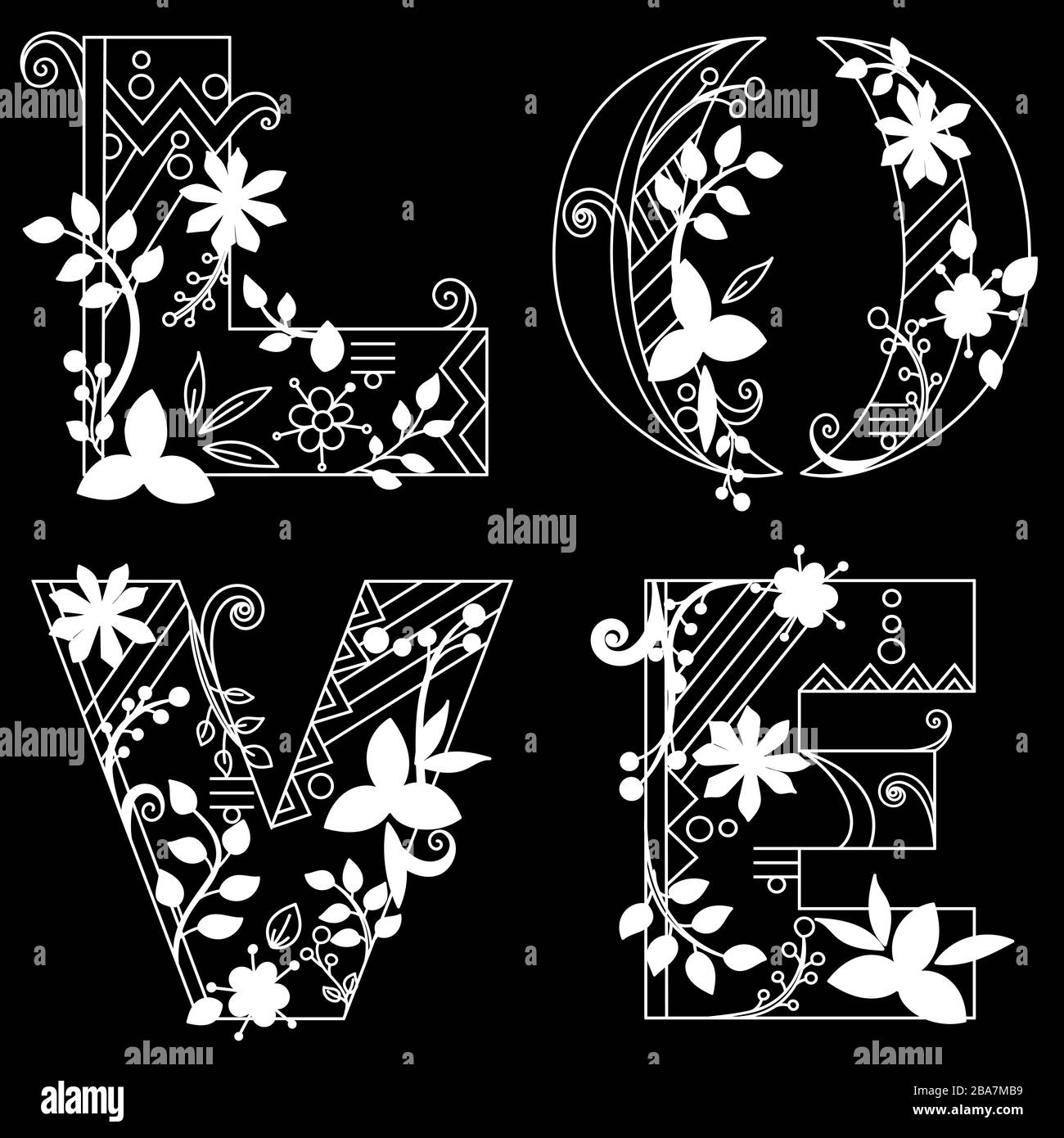 love word in the square strict elegant, decorated with flowers, in doodle style, black and white on a black background, for a wedding, coloring book. Stock Vector