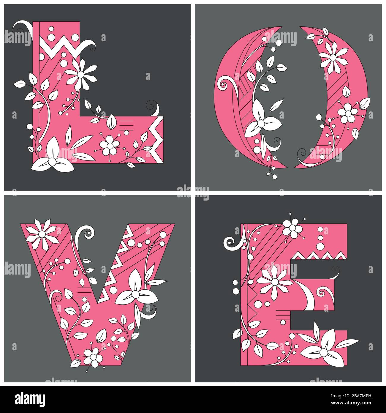 love word in the square strict elegant, decorated with flowers, in doodle style, black, white, pink on a gray background, for a wedding, coloring book Stock Vector