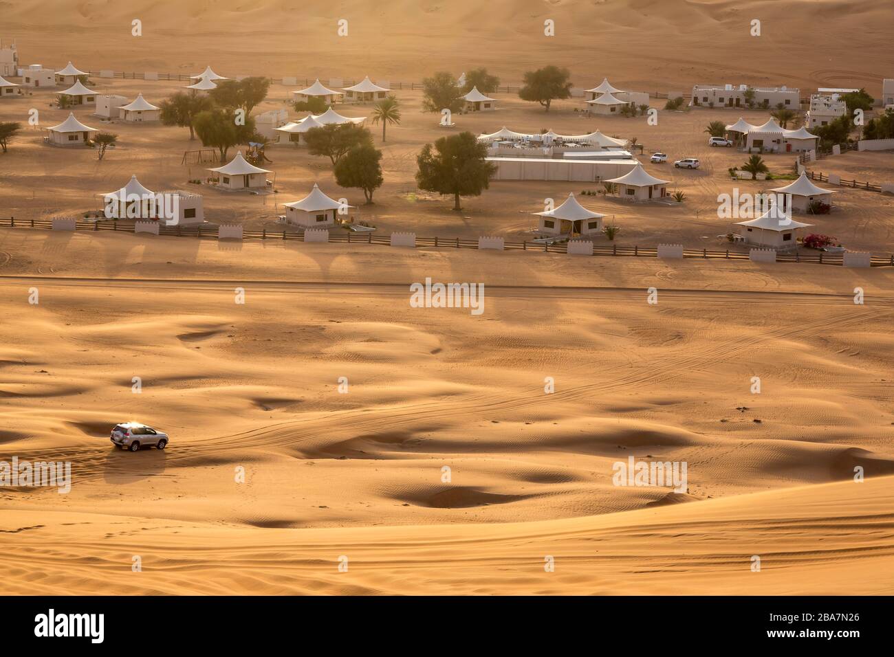 The Desert Nights Resort near the town of Shahiq in Oman, surrounded by the sand dunes of the Wahiba desert. Luxury camping style tourist resort. Stock Photo
