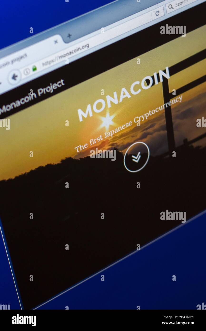 Ryazan, Russia - March 29, 2018 - Homepage of Monacoin crypto currency ...