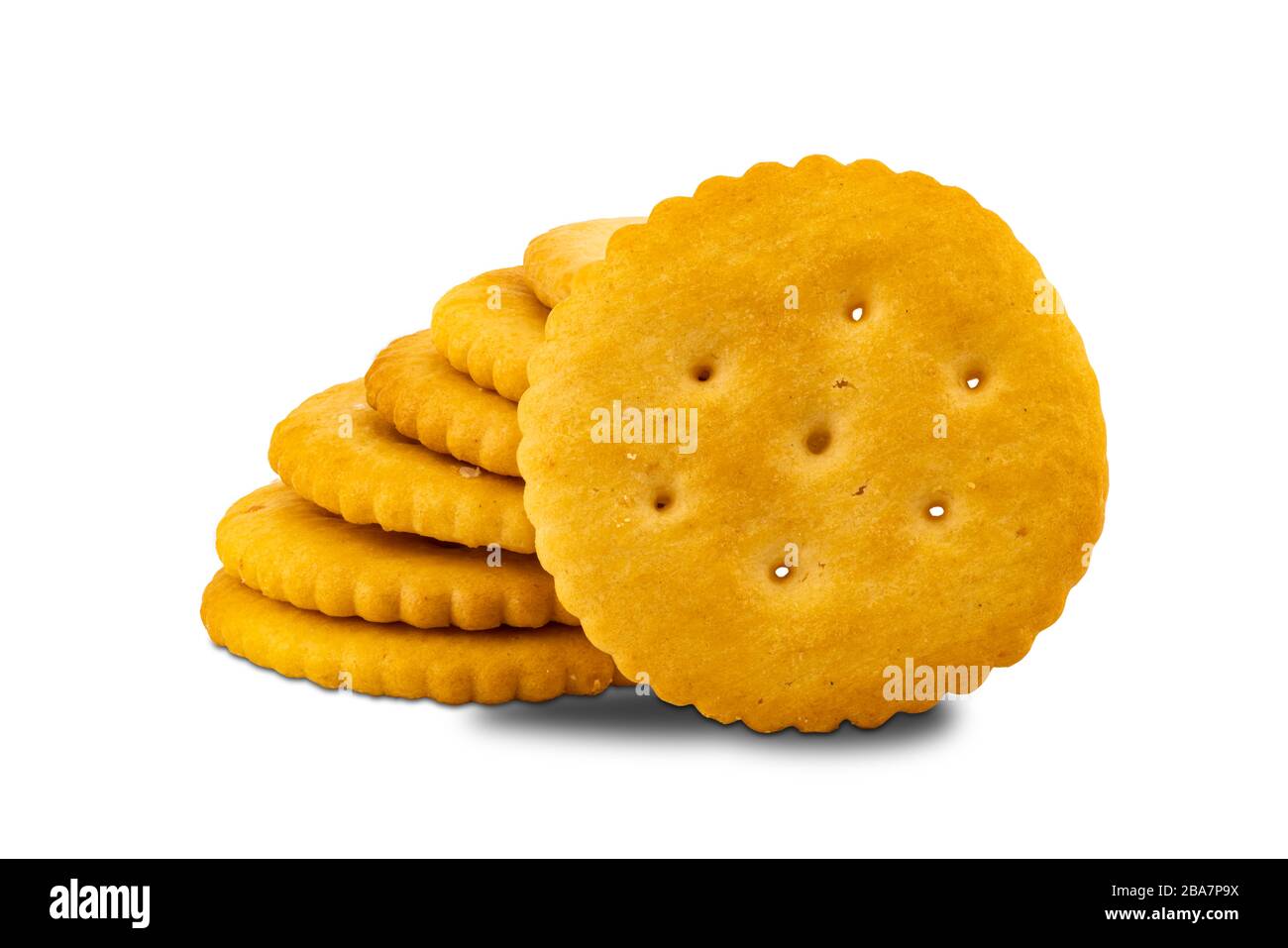 Pile of freshly baked round crackers isolated on white background with clipping path Stock Photo