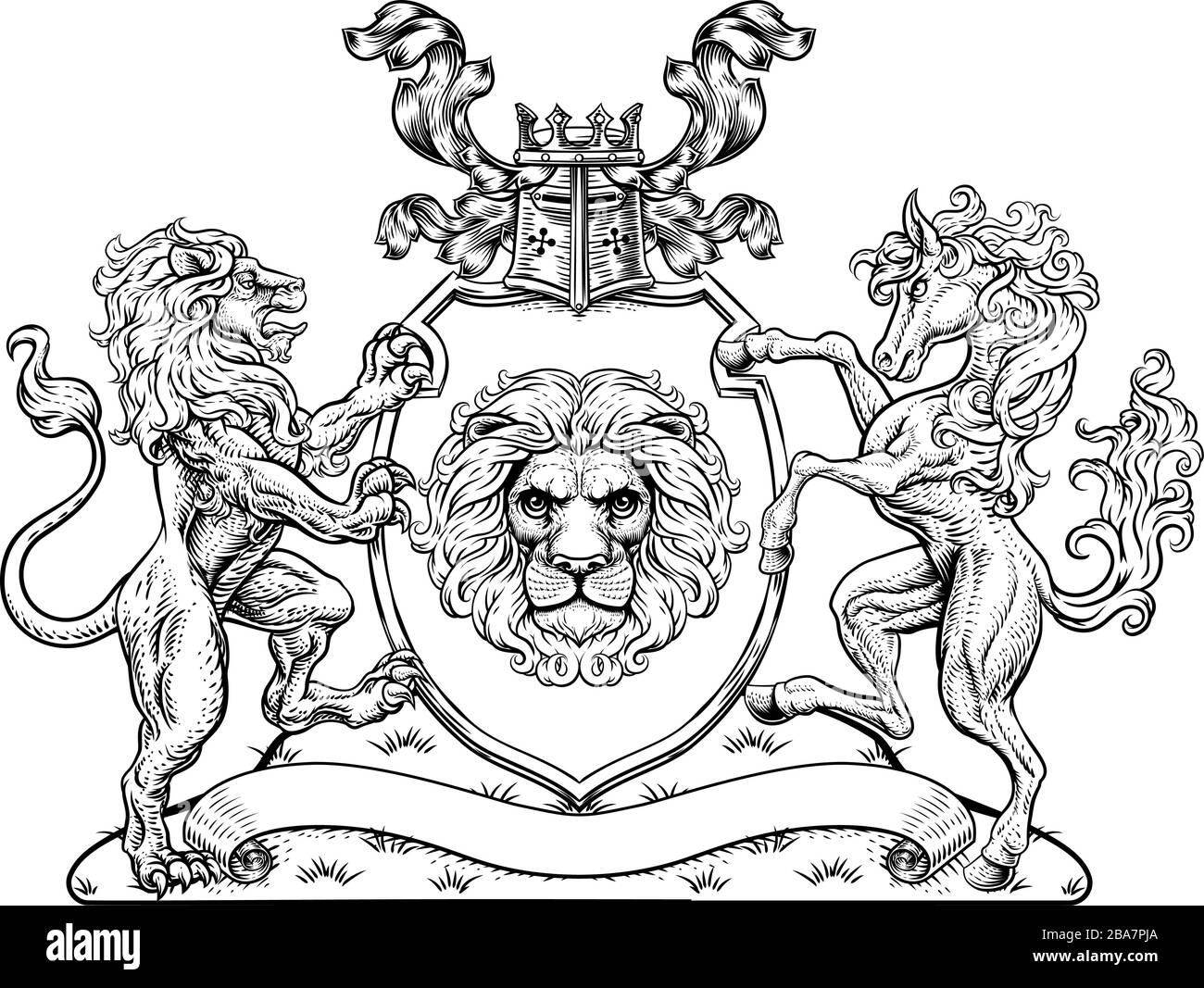 Coat of Arms Horse Lions Crest Shield Family Seal Stock Vector