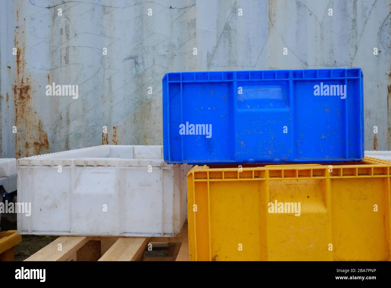 fishing equipment stored at quayside Stock Photo Alamy