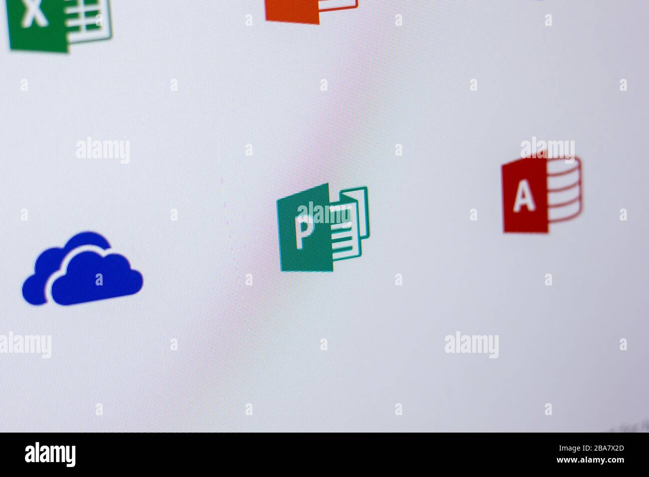 Ryazan, Russia - April 16, 2018 - Logos of Microsoft programms on the display of PC Stock Photo