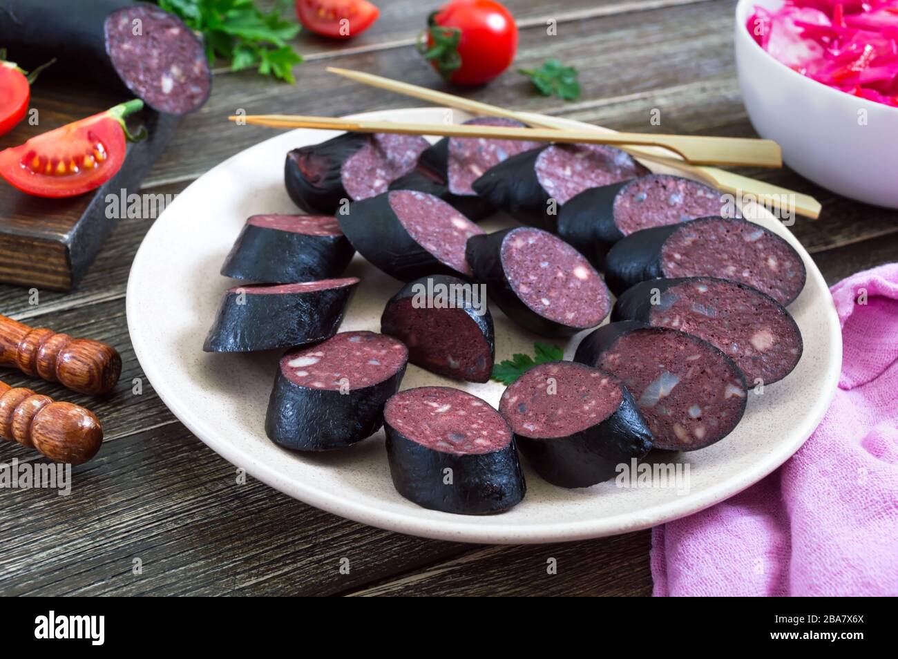Morsilla blood sausage. Pieces of Spanish black pudding on a plate