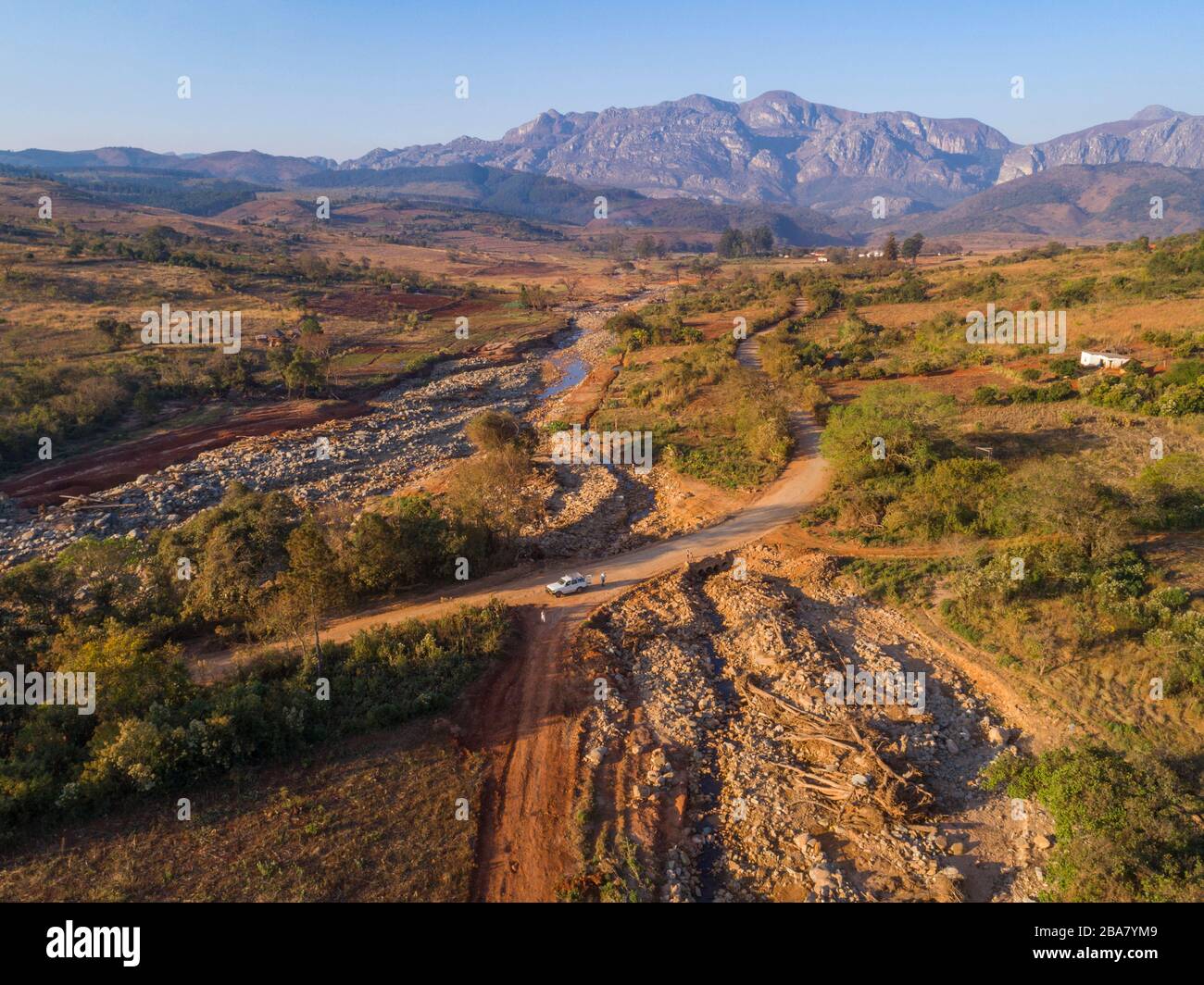 Damage caused by Cyclone Idai seen from the air in Zimbabwe's Chimanimani region. Stock Photo