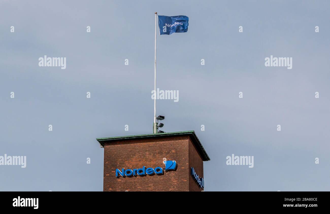 Aarhus, Denmark - 24 March 2020: The logo of the Nordea building in Aarhus. Stock Photo