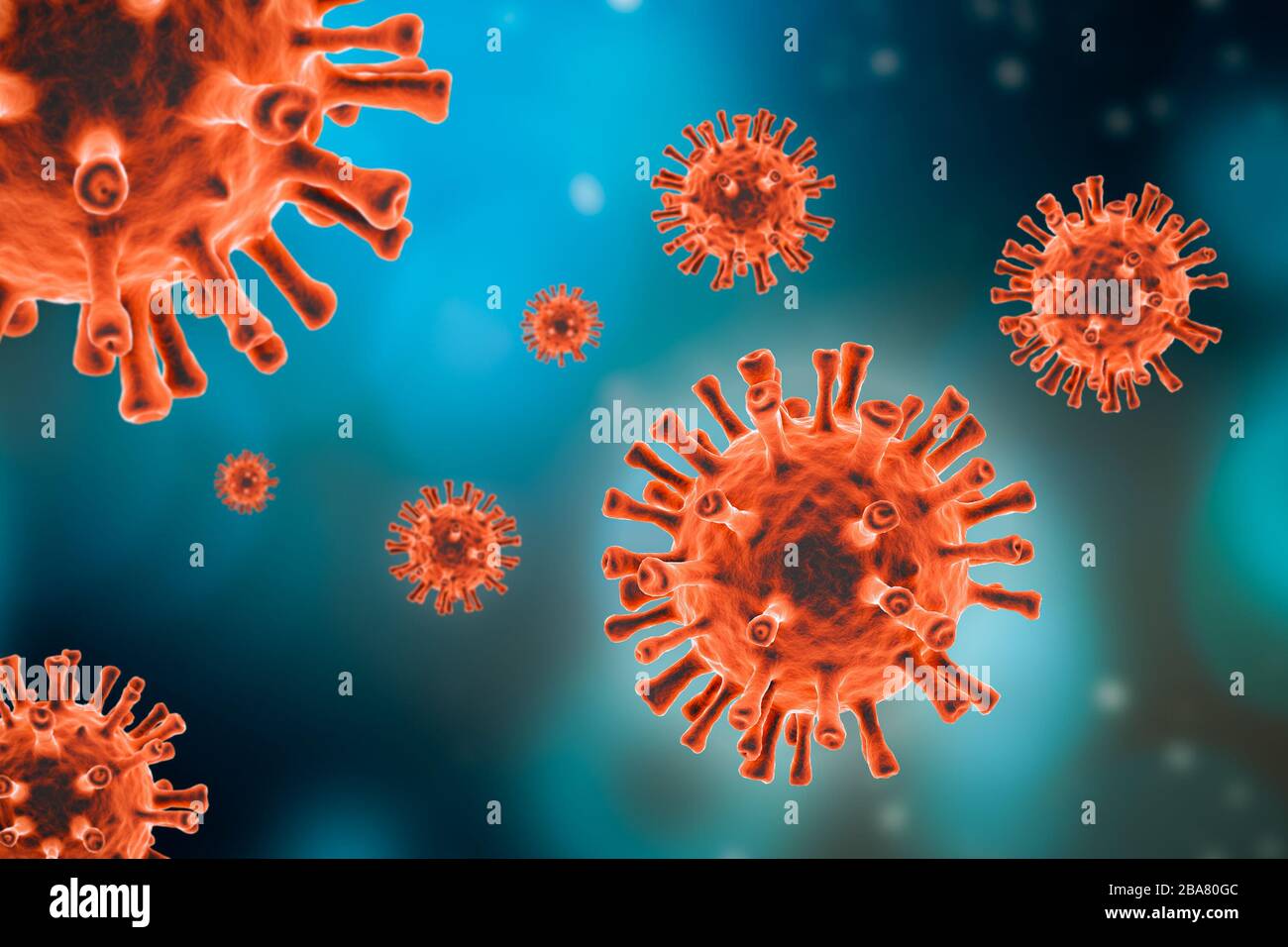 Generic red virus cell on blue background. Microbiology, virology, epidemiology, medicine science 3d rendering illustration concepts. Stock Photo