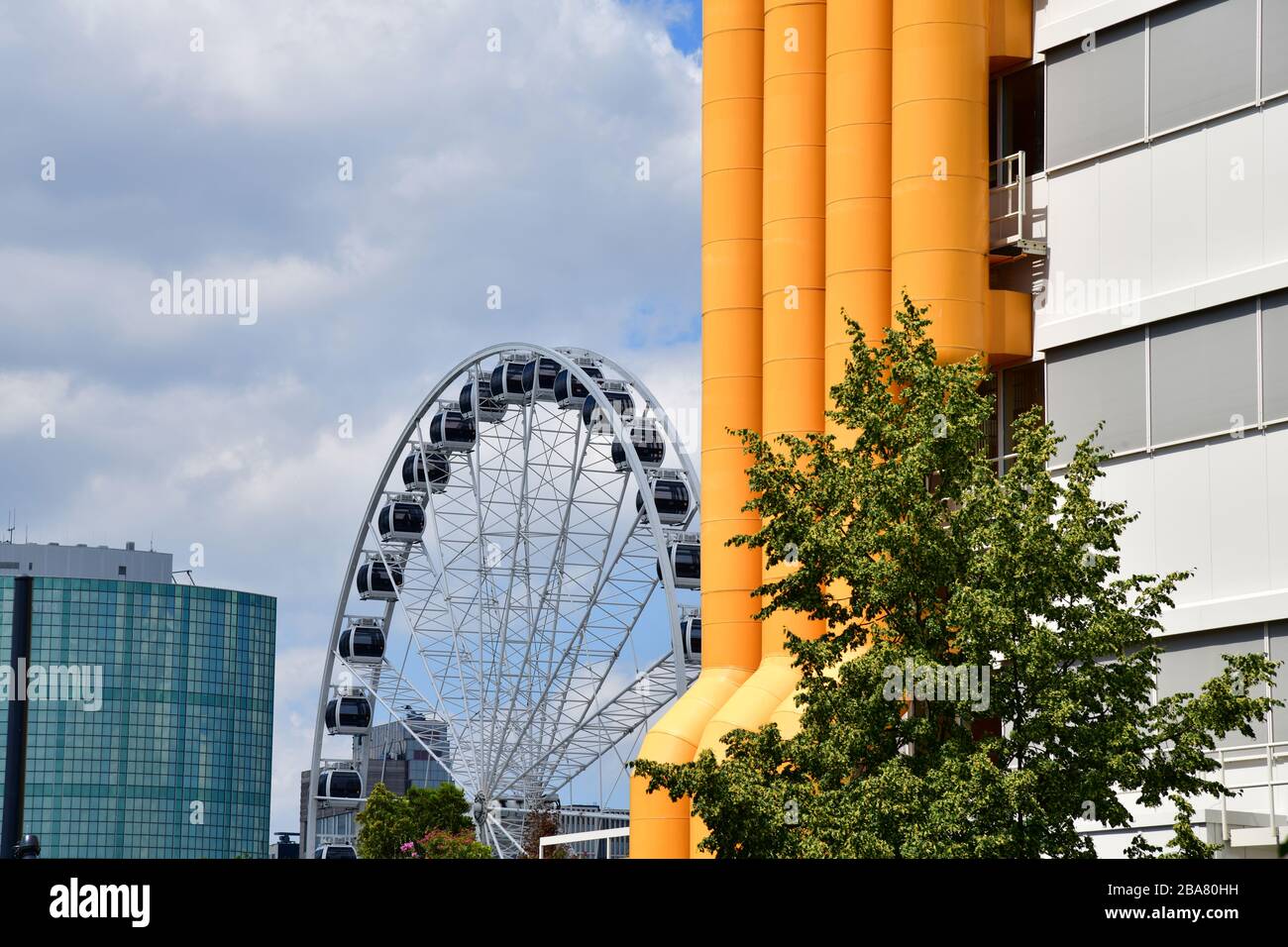 Compressed view of section of the architectural iconic library, ferris wheel and modern buildings in Rotterdam Stock Photo