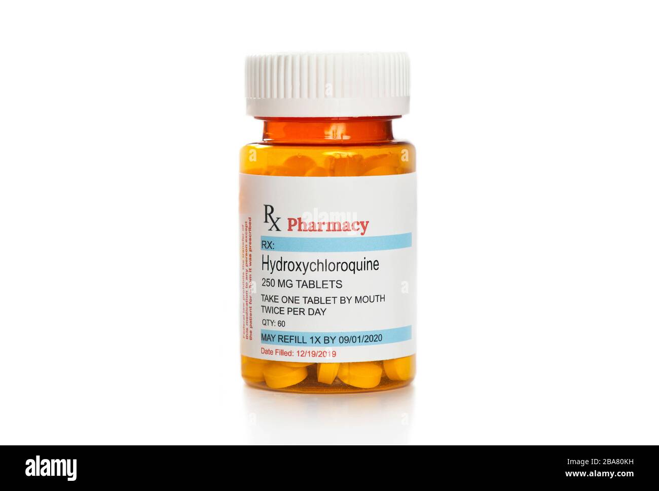 Generic drug hydroxychloroquinine prescription bottle isolated on white. Stock Photo