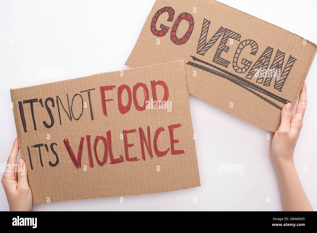 partial view of woman holding cardboard signs with go vegan and its not food its violence inscriptions on white background Stock Photo