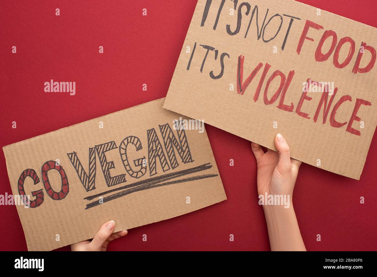 partial view of woman holding cardboard signs with go vegan and its not food its violence inscriptions on red background Stock Photo