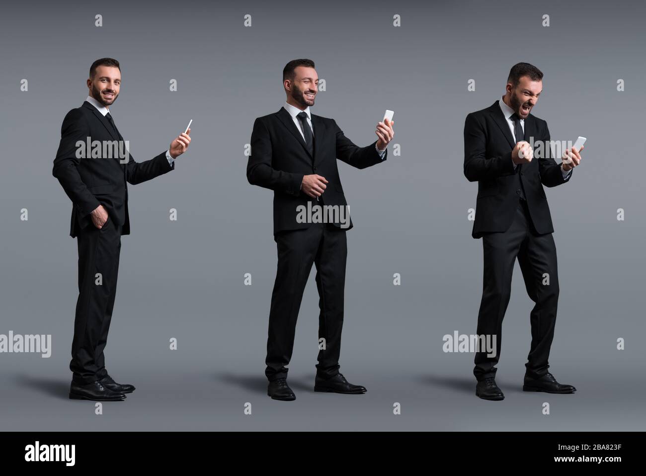 collage of happy businessman using smartphone on grey, evolution concept Stock Photo
