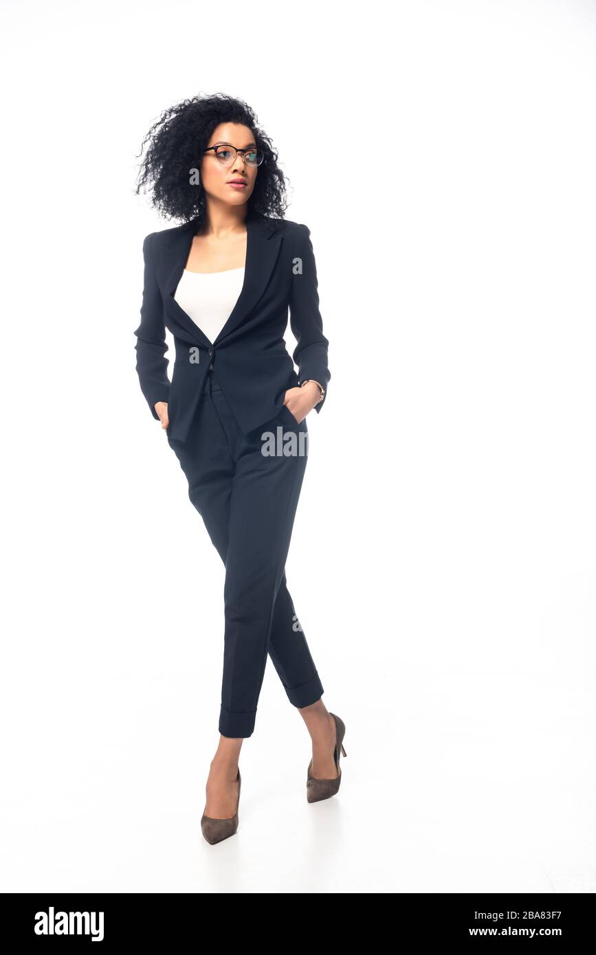 Full length view of confident african american businesswoman walking ...