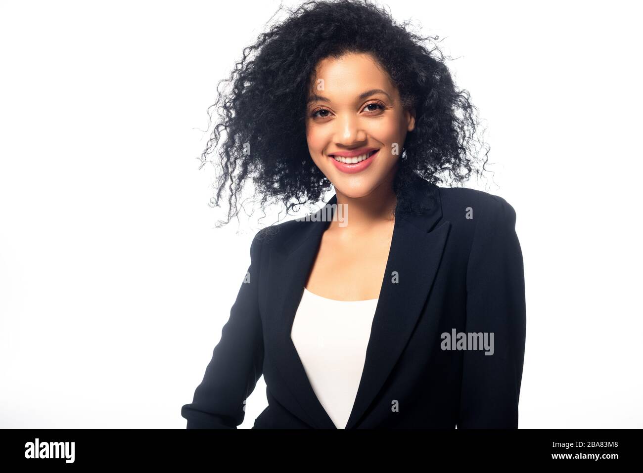 Front view of african american businesswoman smiling and looking at ...