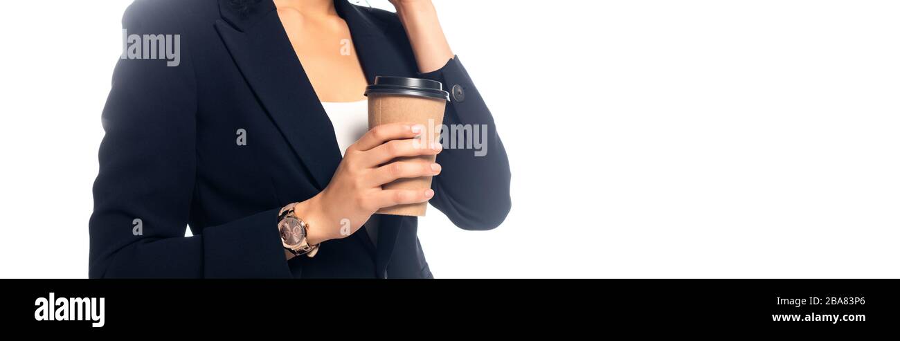 Cropped view of african american woman holding disposable cup of coffee ...