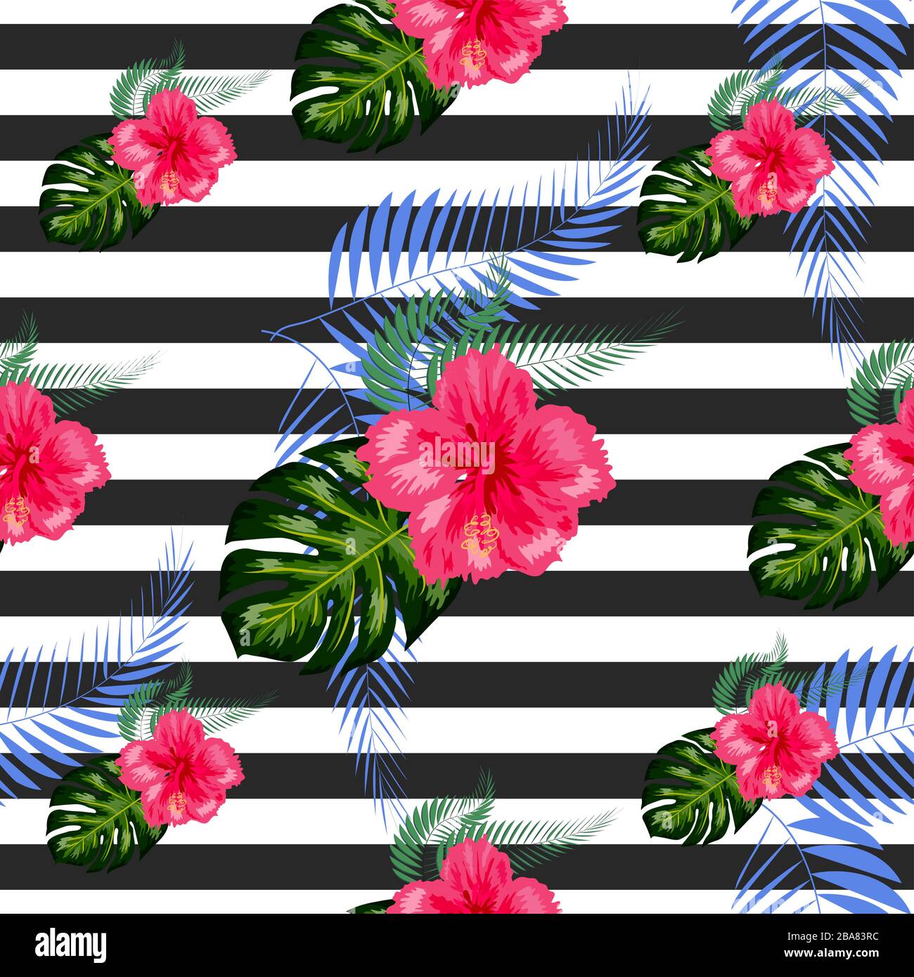 Tropical flowers and palm leaves on background. Seamless pattern Stock ...