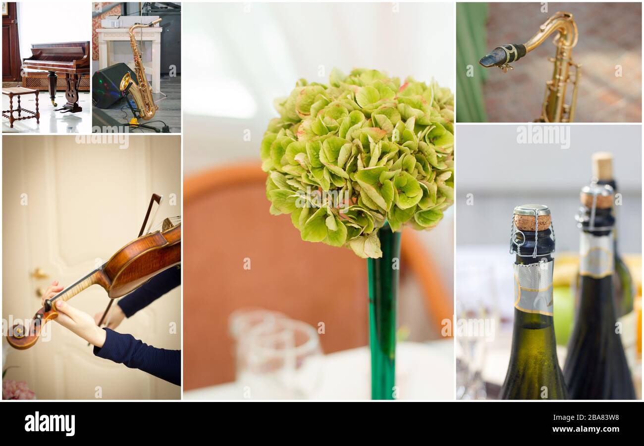 Wedding orchestra collage. Images of musical instruments on wedding