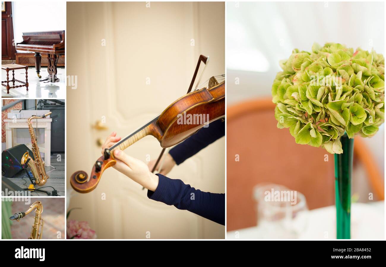 Wedding orchestra collage. Images of musical instruments on wedding