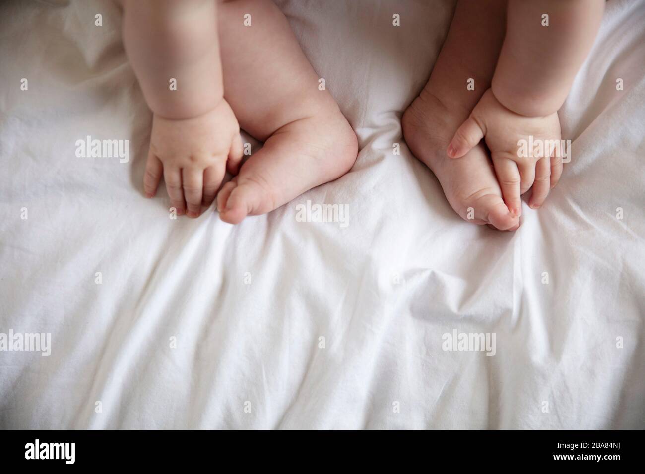Close up of a babies hands and feet on a white bed sheet Stock Photo