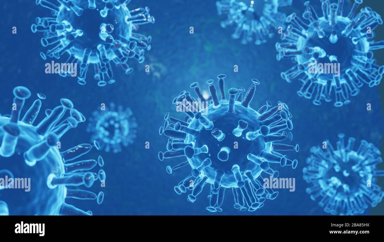 Blue Virus or bacteria cells Microscope close up for background. COVID-19 Coronavirus background ,responsible for world flu outbreak and STOP Stock Photo