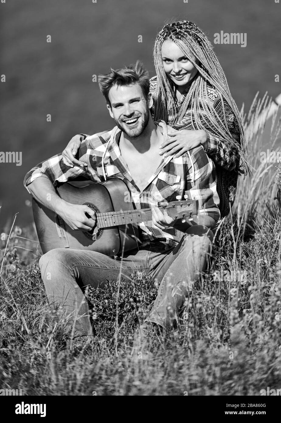 Fresh Air And Pure Feelings Romantic Walk Romantic Song Love Inspires Them Beautiful Romantic Couple Happy Smiling Faces Nature Background Boyfriend And Girlfriend With Guitar Hiking Romance Stock Photo Alamy