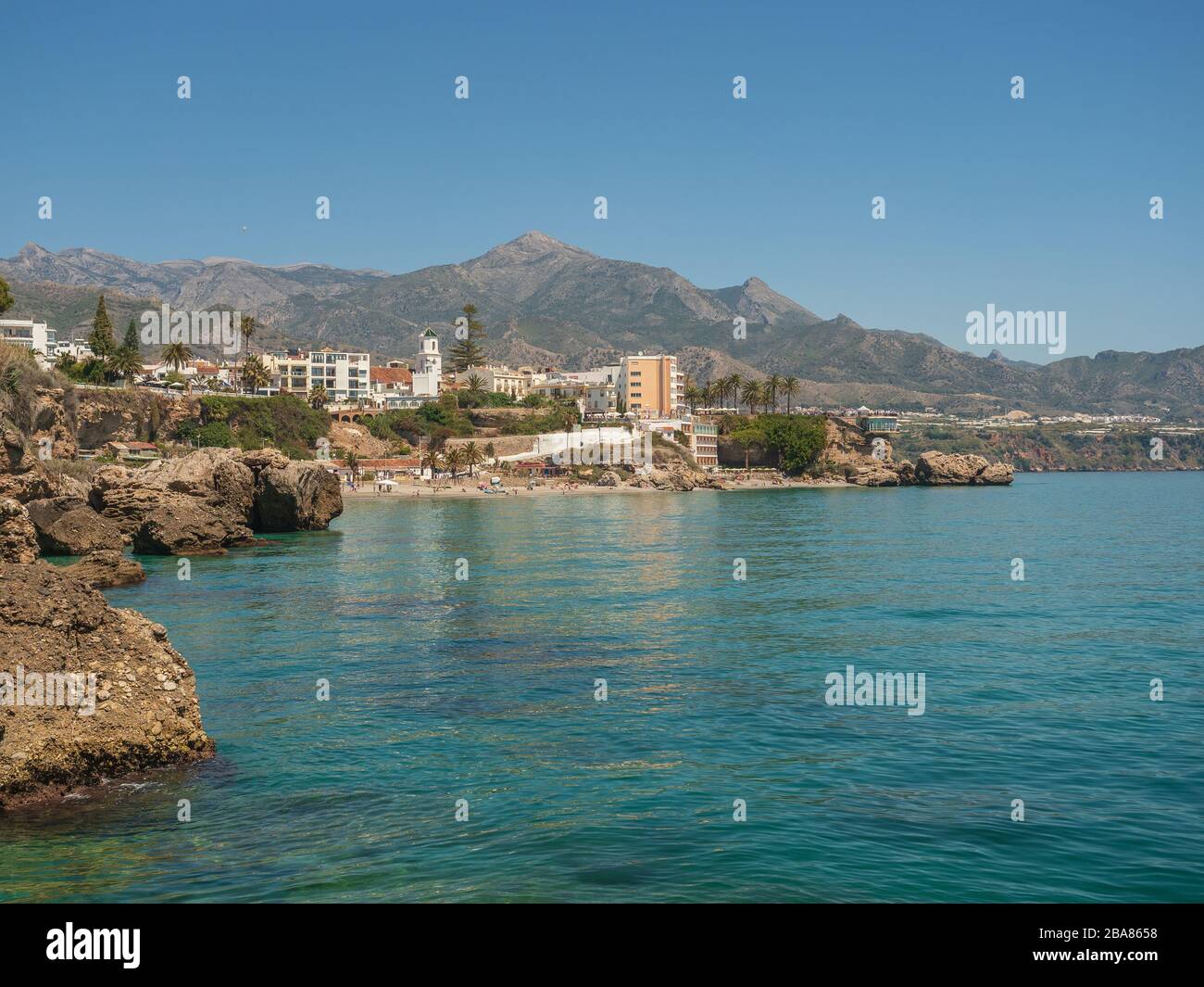 Nerja Costa Del Sol Spain April 194 2019 sTorrecilla Beach in Nerja with hotels and apartments and  El Salon Beach Stock Photo