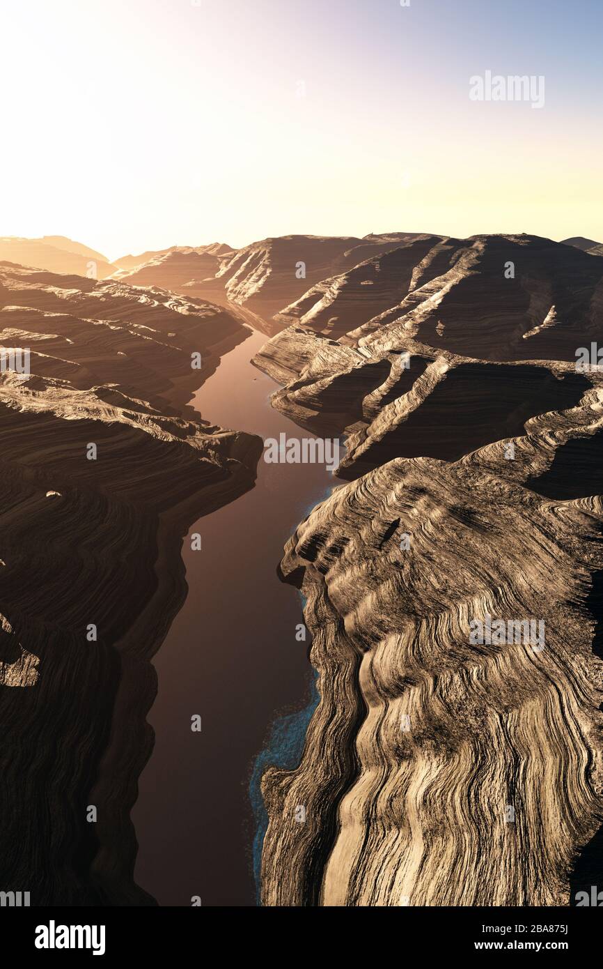 Aerial shot of a Canyon with a Natural Fault Drainage Basin Lake 3D Artwork Illustration Stock Photo