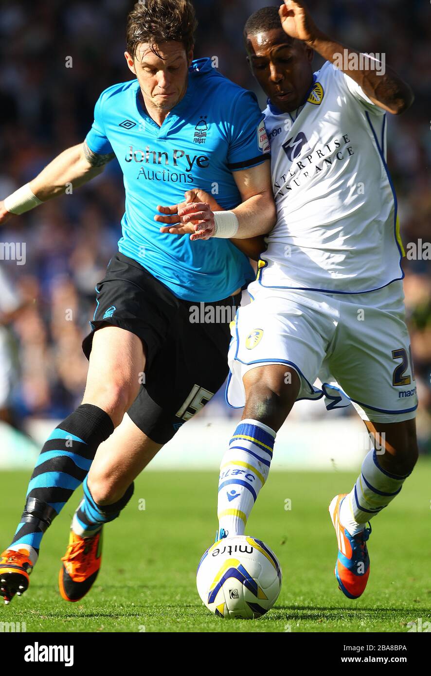Leeds United's goal scorer Dominic Poleon (right) and Nottingham Forest's Greg Halford in action