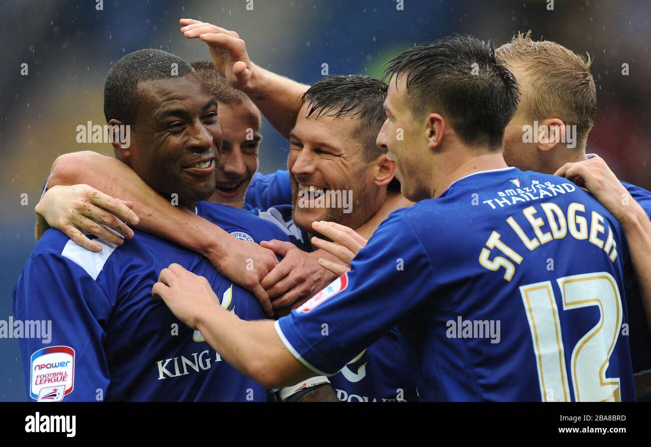 Leicester City's Wes Morgan and David Nugent celebrate after combining to score their teams second goal Stock Photo