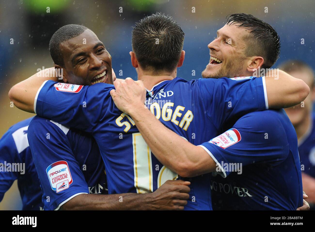 Leicester City's Wes Morgan and David Nugent celebrate after combining to score their teams second goal Stock Photo