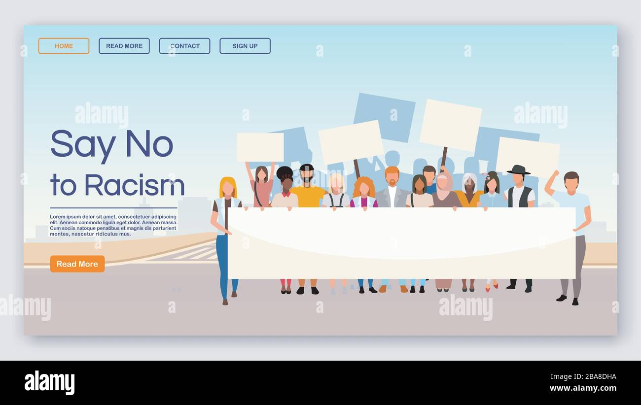 Say no to racism landing page vector template. Protest against racial inequality and discrimination website interface with flat illustrations Stock Vector