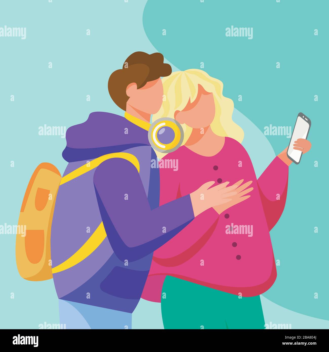 Young Couple Looking To Smartphone Screen Flat Vector Illustration Teenage Lovers With Gadget Millennials Adolescent Boyfriend Hugging Girlfriend Stock Vector Image Art Alamy