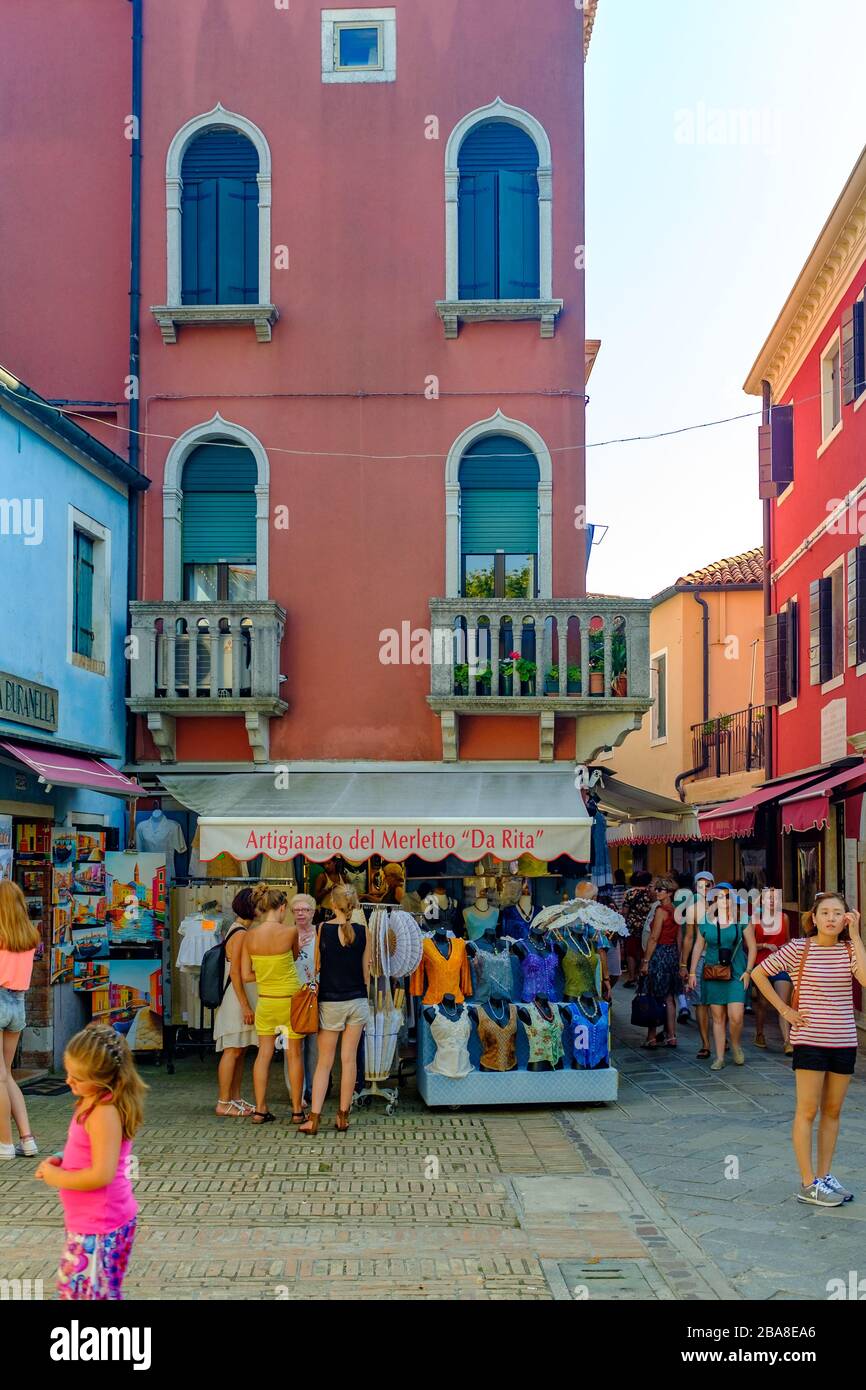 burano venice Itlay August 12 2014 - street scene with traditional craft souvenier shop Stock Photo