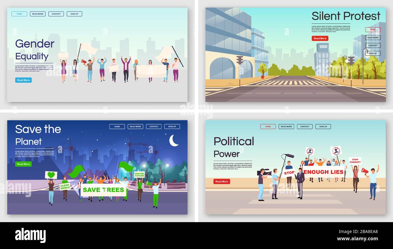 Social movements landing page templates set. Gender equality, save planet protests website interface idea with flat illustrations. Political Stock Vector