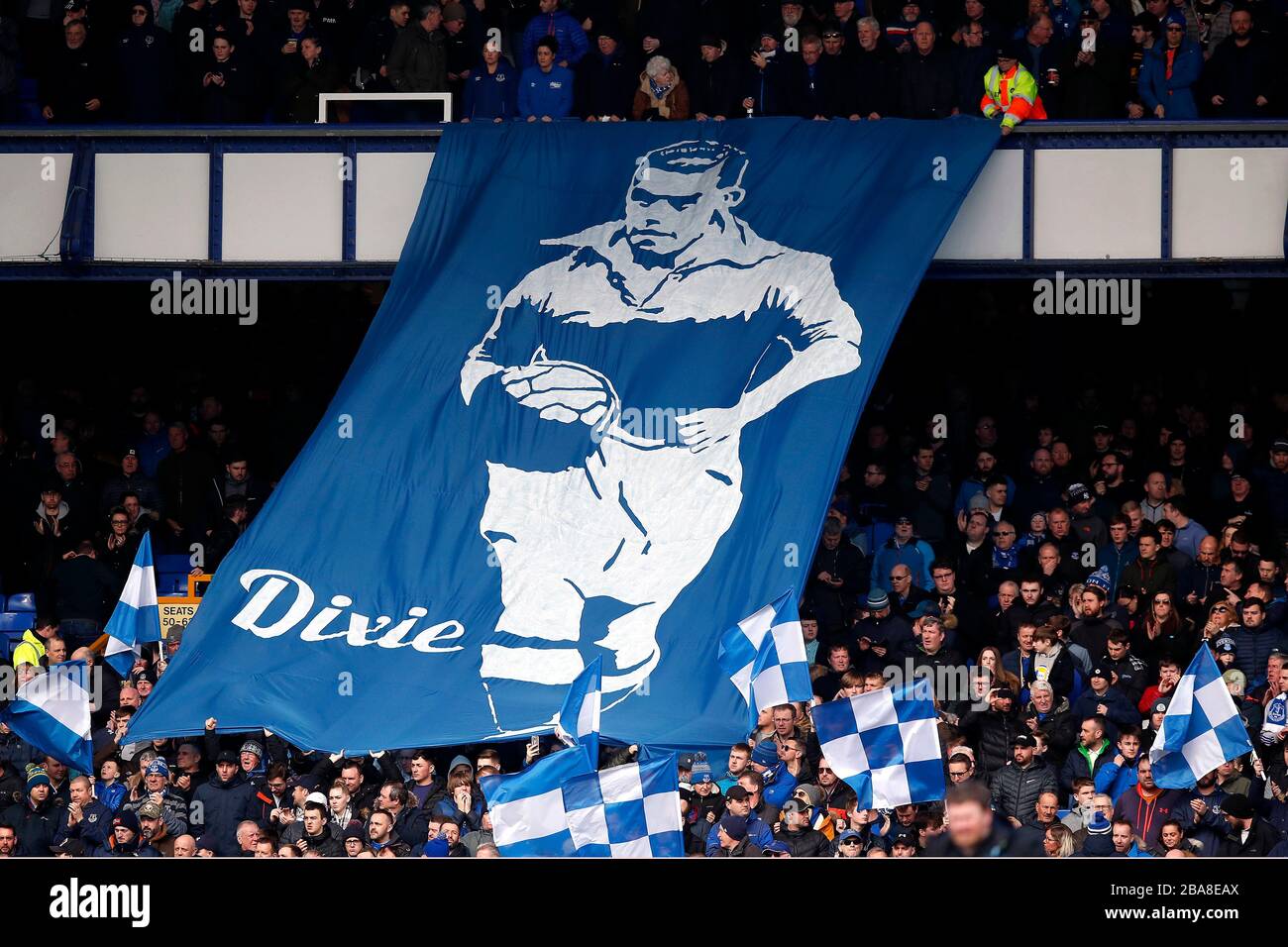 Everton fans hold a Dixie Dean banner in the stands Stock Photo