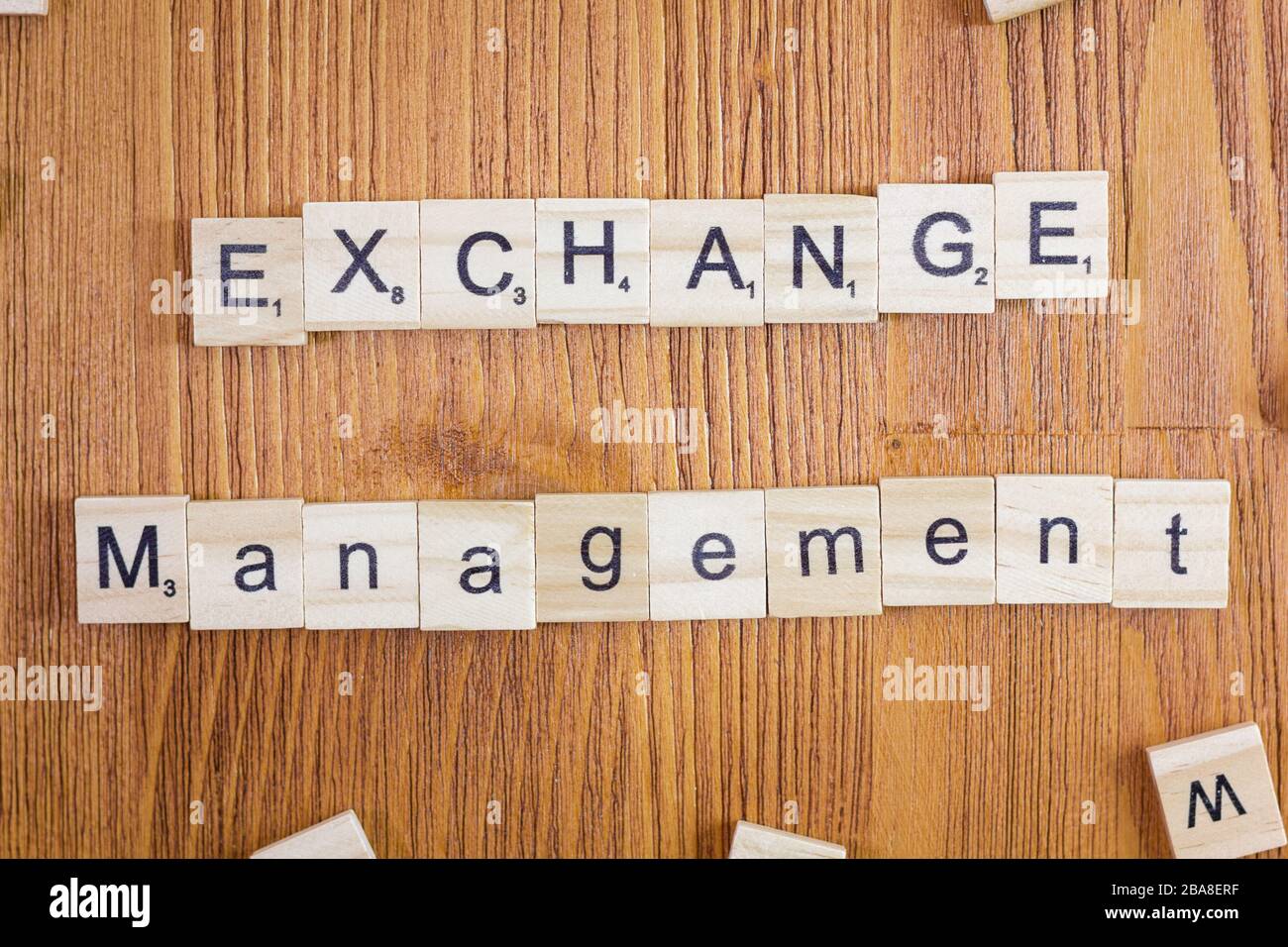 Word or phrase Exchange Management made with scrabble letters, great image for your needs Stock
