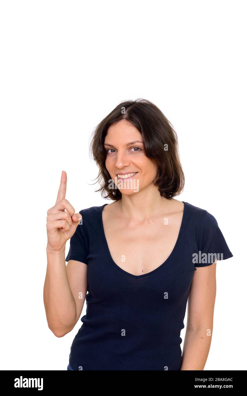 Happy brunette woman up hi-res stock photography and images - Alamy