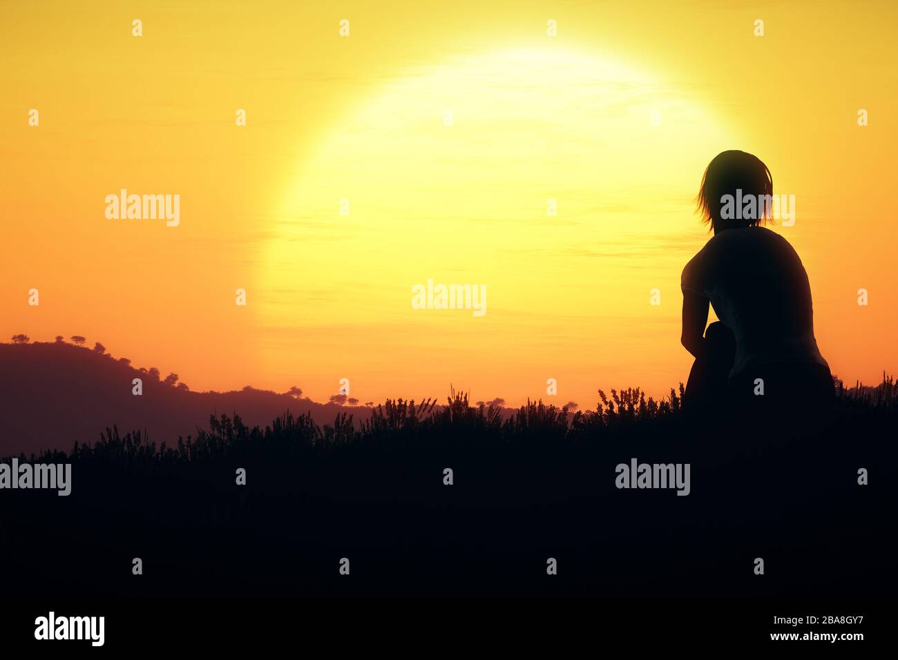 Young Adult Women Sitting on a Hilltop enjoying peaceful harmony with ...
