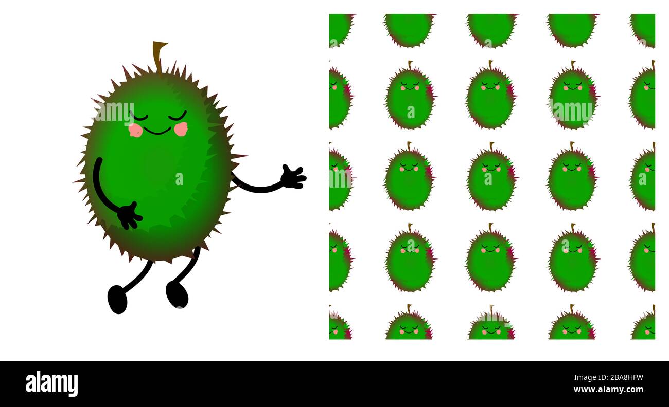 Durian Exotic fruit. Durian character and seamless pattern. Vector illustration. Stock Vector