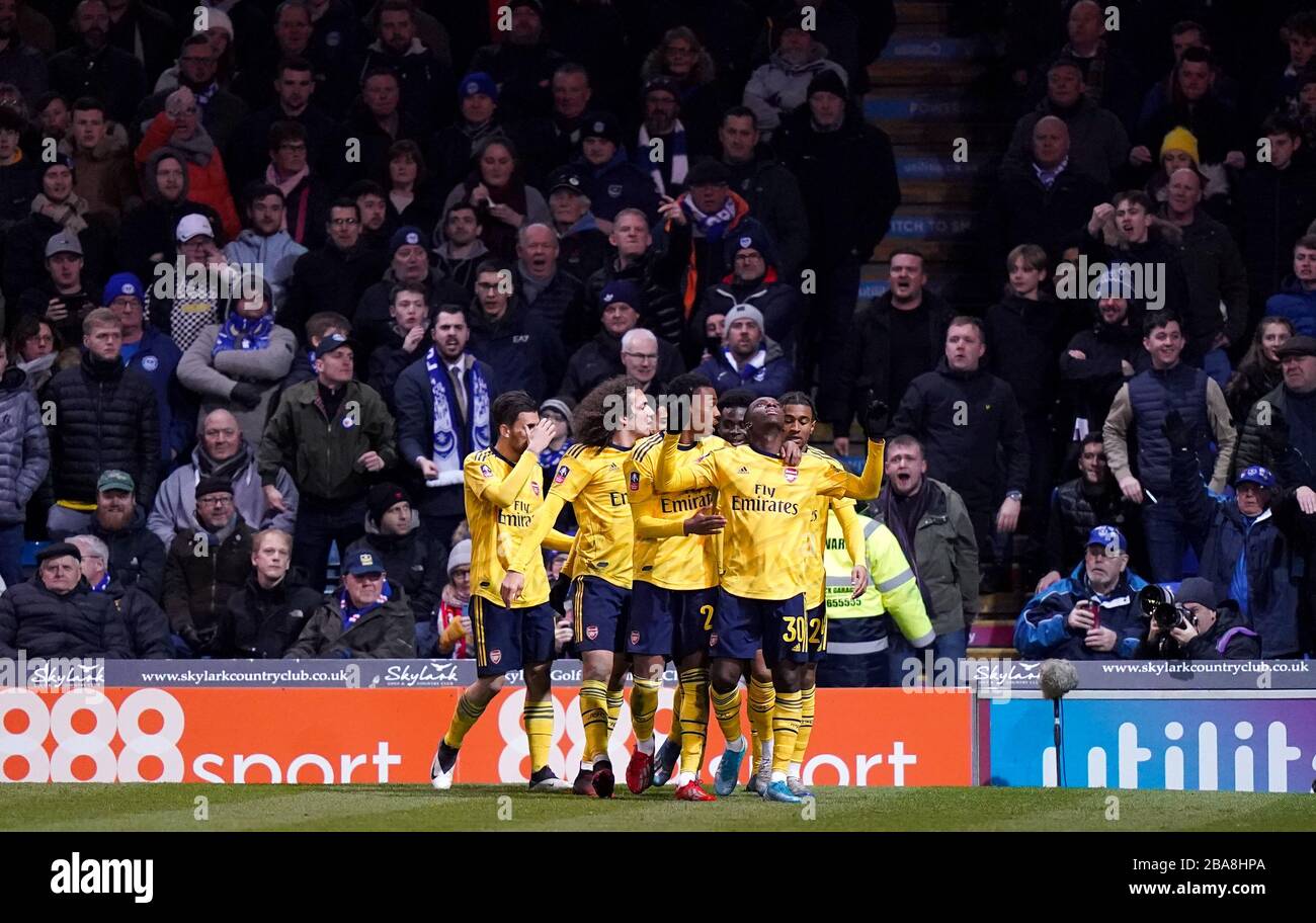 Arsenal's Eddie Nketiah celebrates scoring his side's second goal of the game with team mates Stock Photo