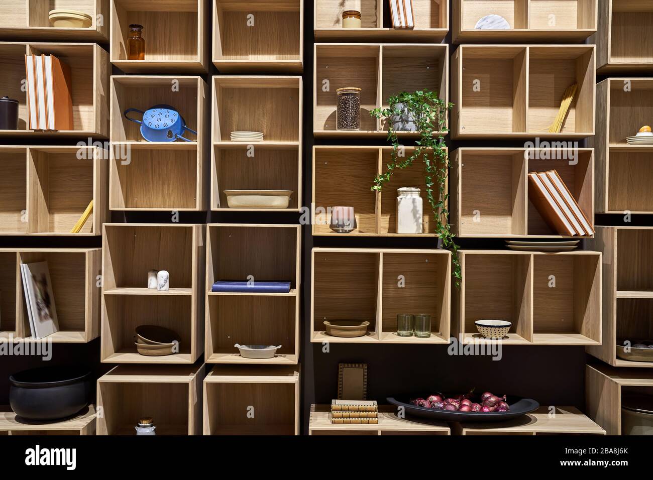 Construction of light wooden shelves with objects Stock Photo Alamy