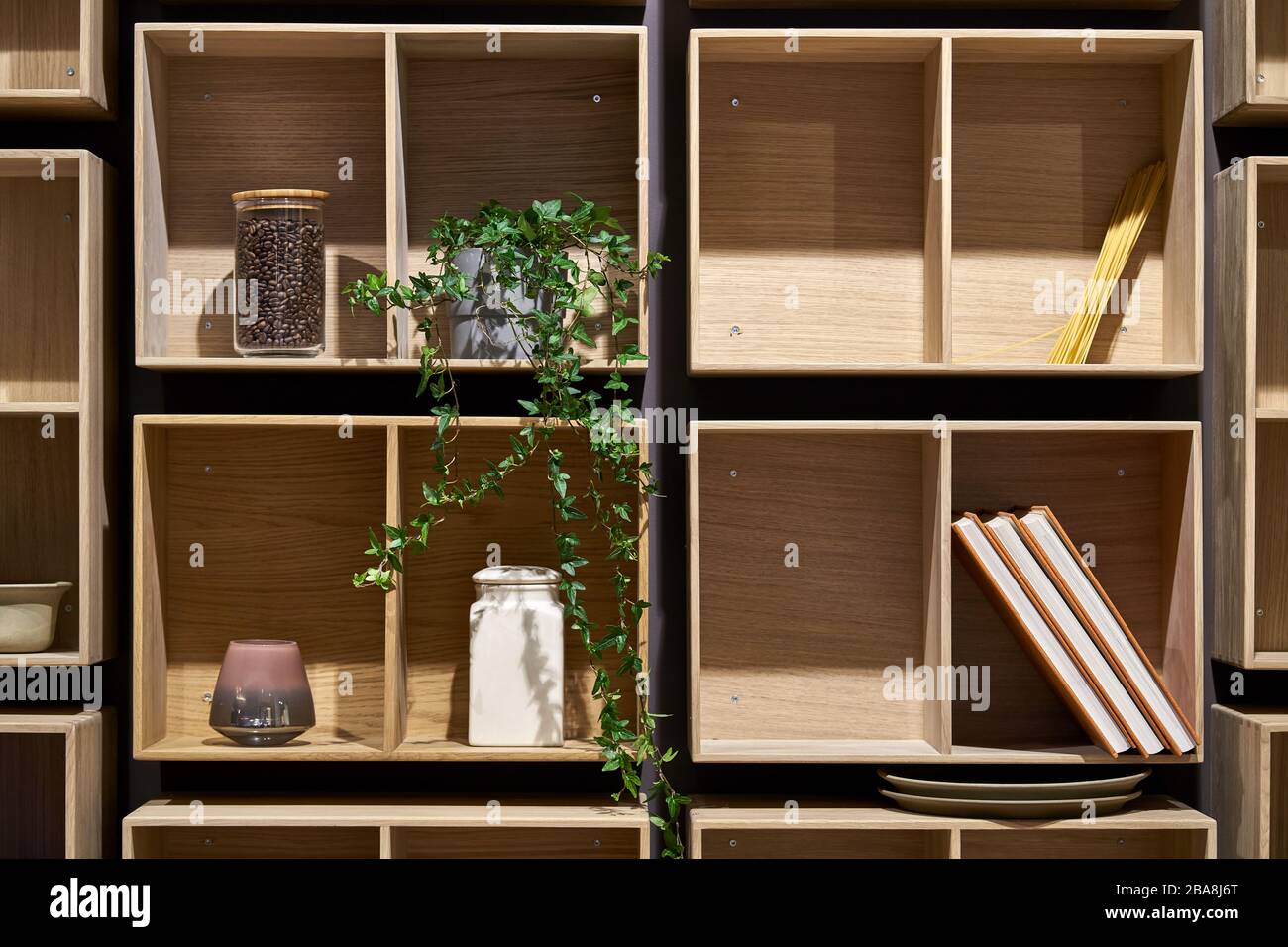 Construction of light wooden shelves with objects Stock Photo Alamy