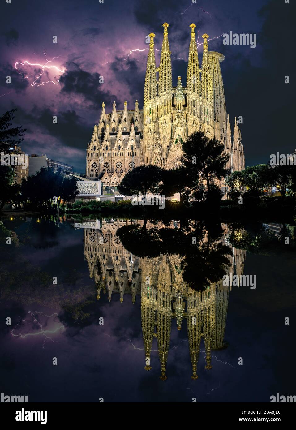 Lightning storm over Basílica de la Sagrada Família, Barcelona Stock Photo