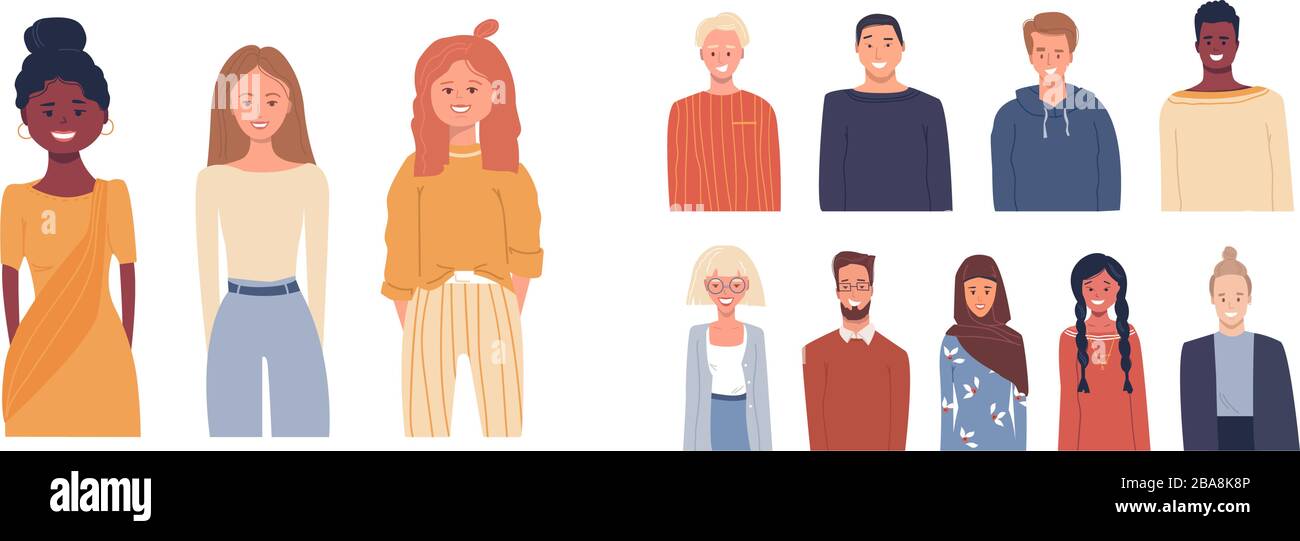 Set of vector illustrations in flat style. Icons. Global society. Happy smiling people of different nationalities, cultures isolated on white. Multi Stock Vector