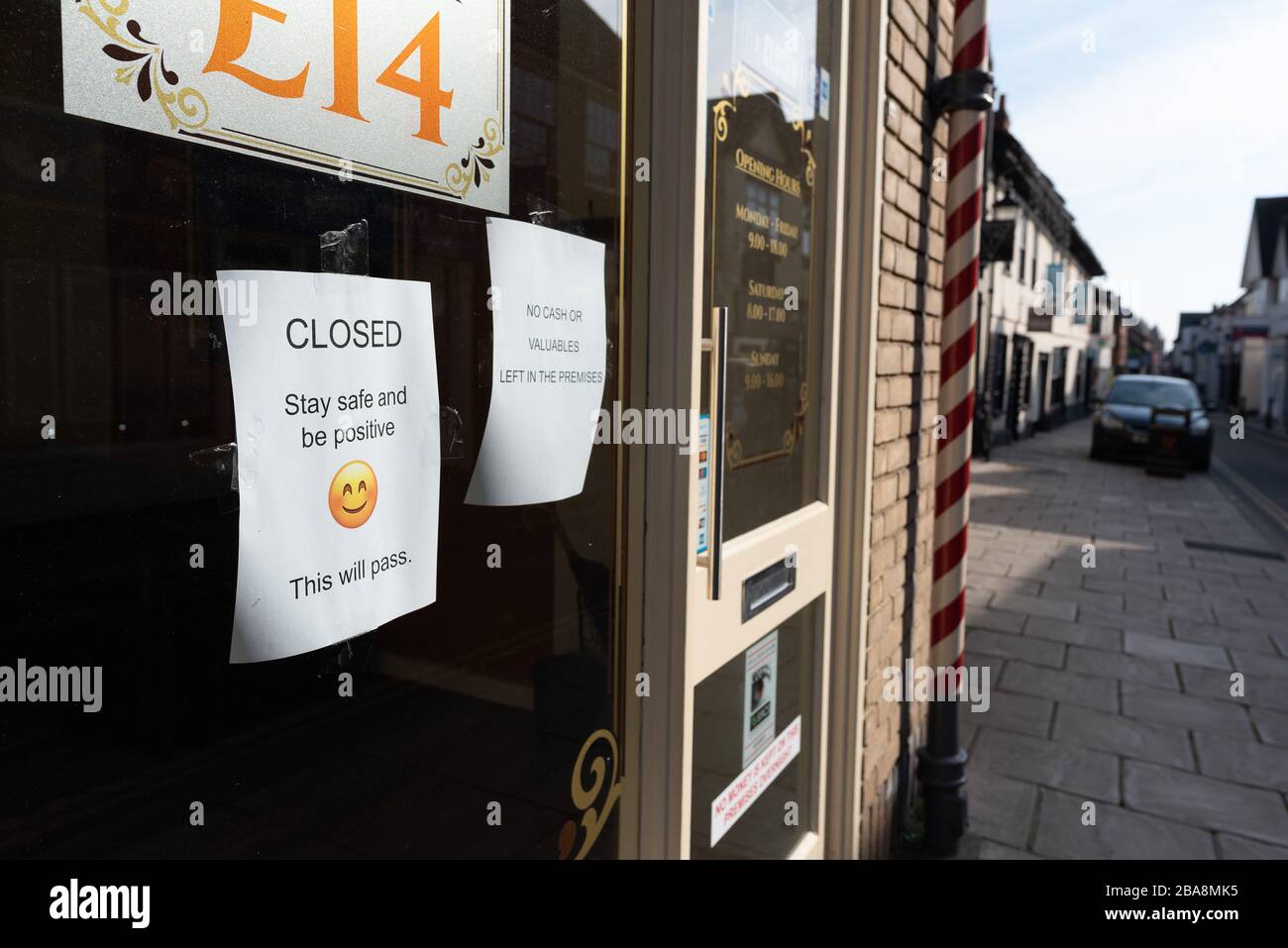 Closed for business during Covid-19 Coronovirus pandemic social distancing measures, Colchester, UK, 26th March 2020 Stock Photo